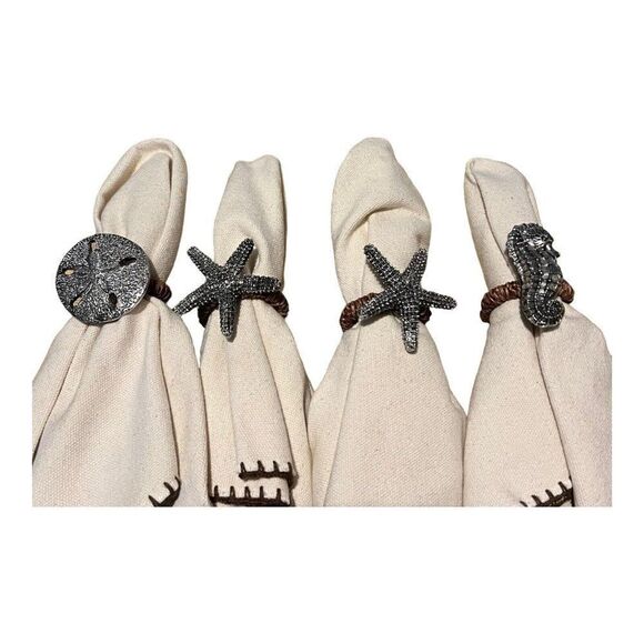 Set of 4 Williams Sonoma Cotton Napkins Beach Themed Rings Starfish Seahorse - Picture 1 of 12